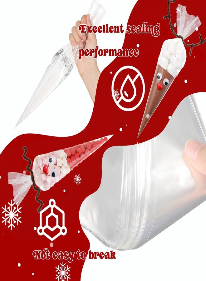 Resholder 300 Pcs Christmas Reindeer Cone Cellophane Bags Kit DIY 7.1x14.6 Inch Clear Cone Shaped Treat Bag with Pipe Cleaner Wiggle Eyes Nose for Popcorn Cotton Candy Goodie Cookie Party Favor - Image 4